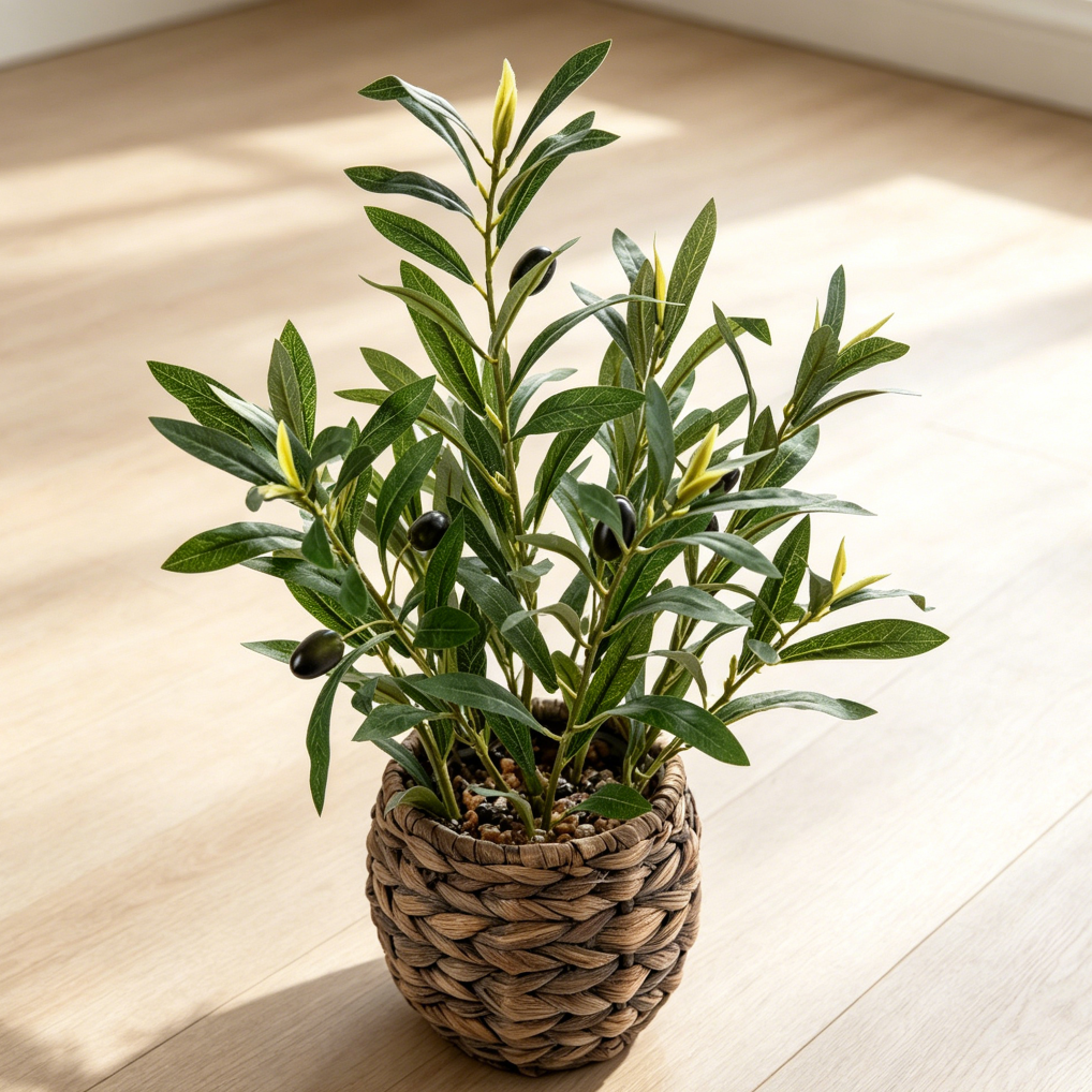 17.7" Artificial Olive Plant in Rattan Basket
